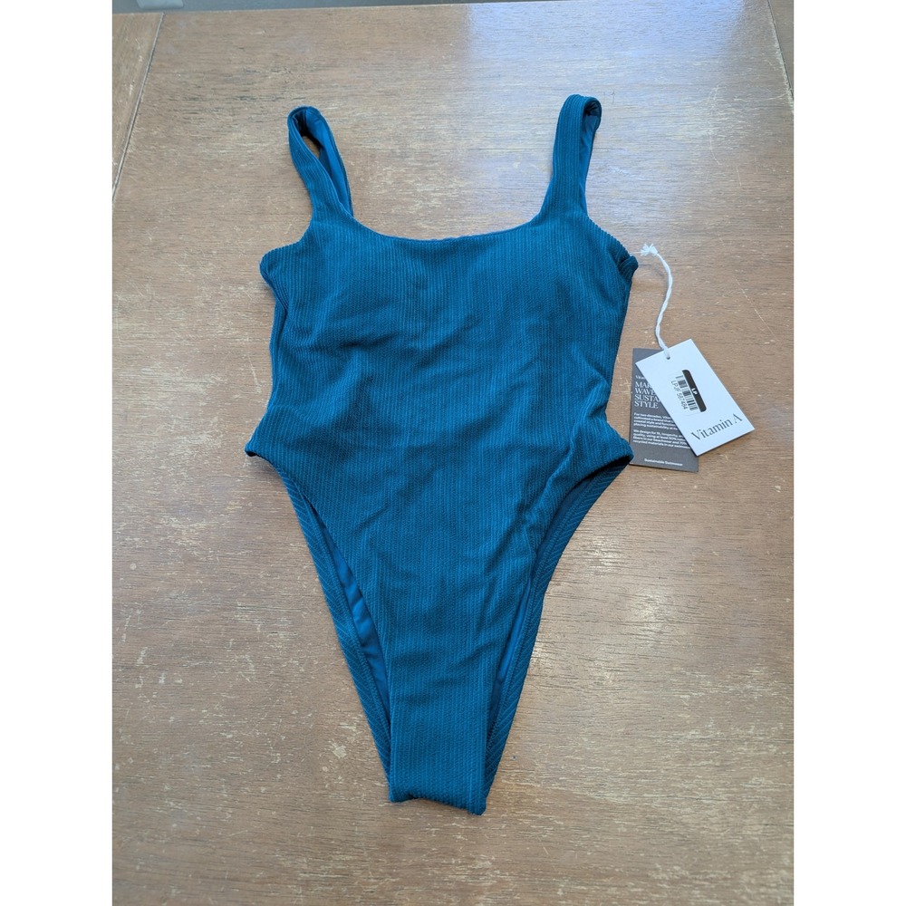 Vitamin‎ A Womens Teal Blue Ribbed High Cut One Piece Swimsuit Size XS New